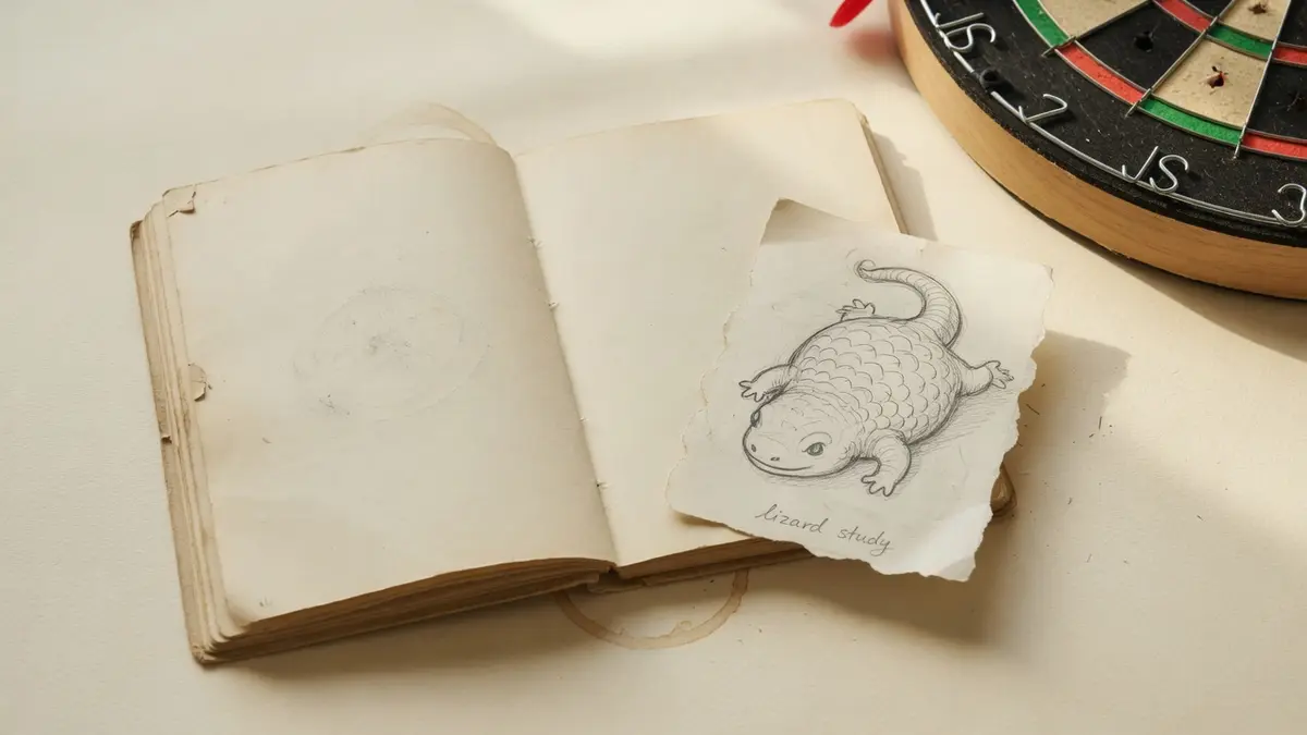 An open book, a small creature sketch, and a dartboard on one desk