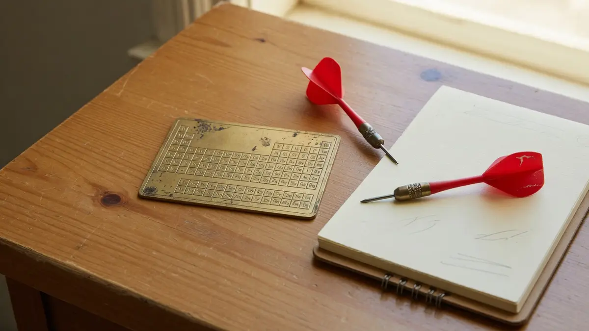 Notes and a dartboard on the desk where the issue 26 checkout was checked